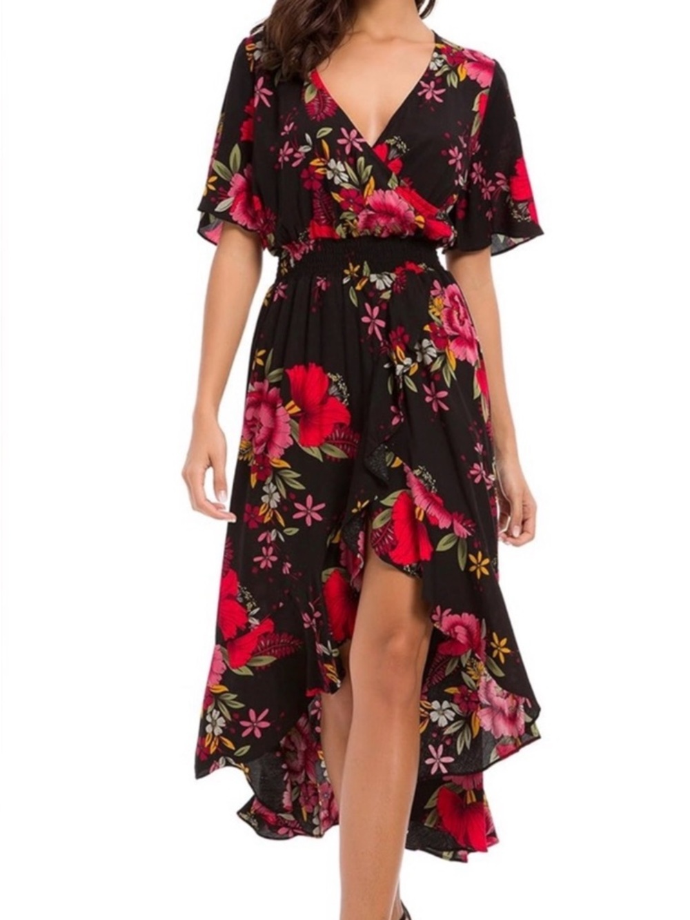 Black Floral High-Low Wrap Dress with Pink & Red Blooms